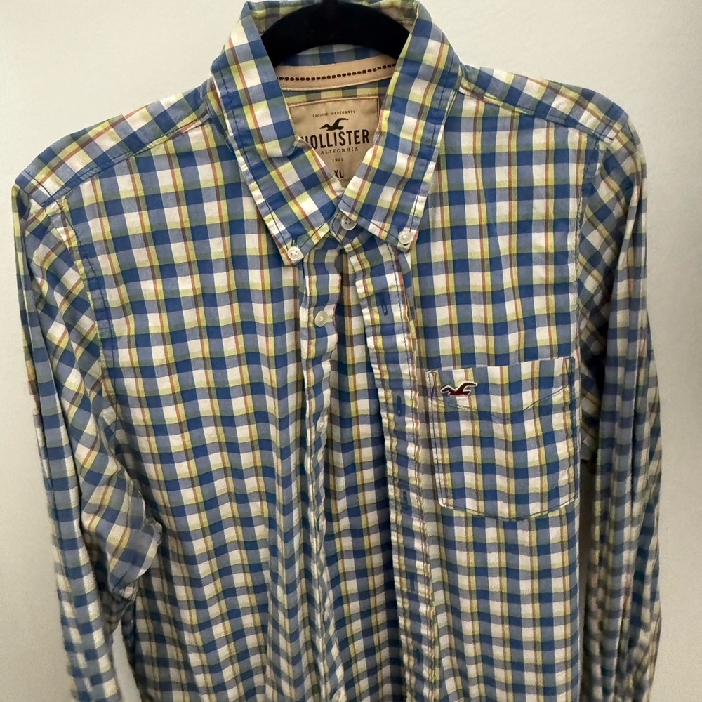 Hollister Men's Blue and Yellow Plaid Shirt